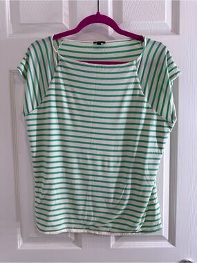 Express Green and Ivory Striped Boatneck Short Sleeve Top